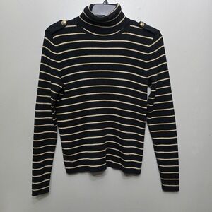 Ralph Lauren LRL Sweater Women's Black Gold Metallic Stripes Turtleneck Petite M